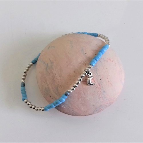Bracelet fines perles argent, perles bleu turquoise élastique