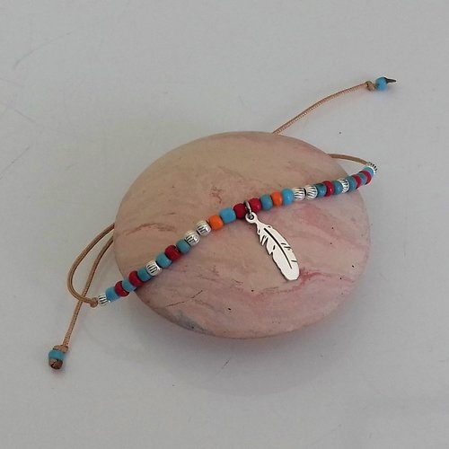 Bracelet  cordon plume argent perles colorées