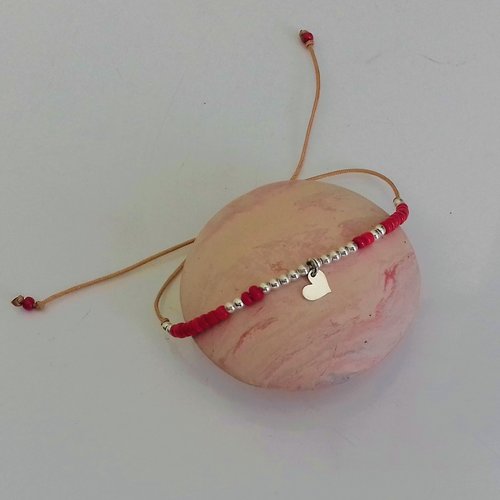 Bracelet  coeur argent perles rouges sur cordon