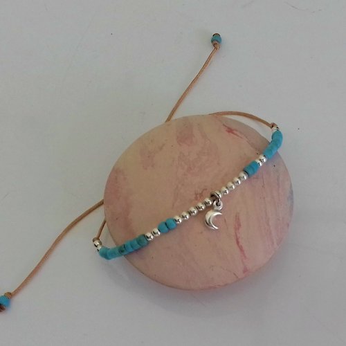 Bracelet cordon lune argent perles bleu turquoise 