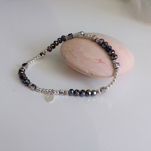 Bracelet perles argent perles noires élastique