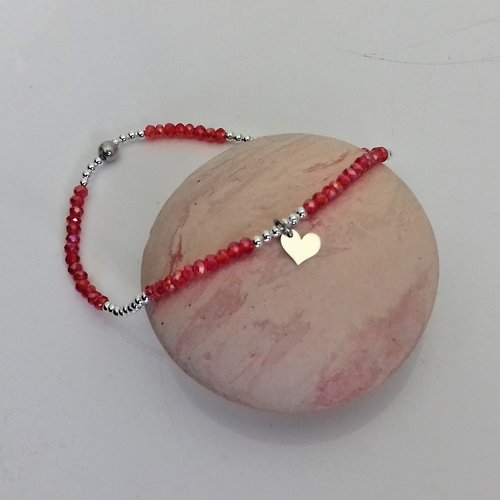 Bracelet perles et coeur argent  perles rouges élastique