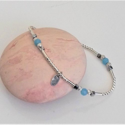 Bracelet  perles argent perles bleu pastel élastique