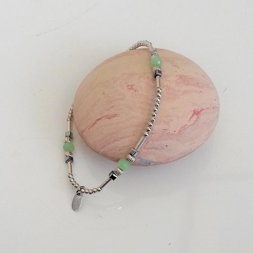 Bracelet  perles argent perles vert pastel élastique