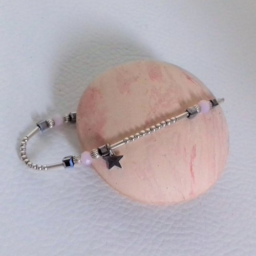 Bracelet  perles argent perles rose pastel élastique