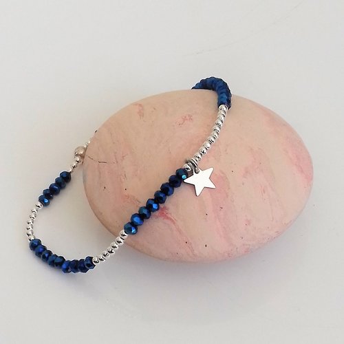 Bracelet étoile et perles argent perles bleues elastique