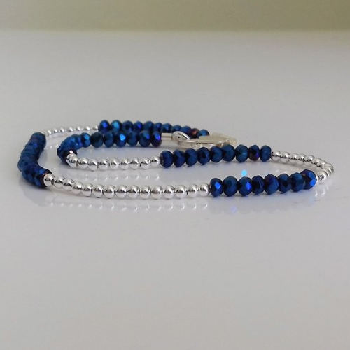 Bracelet cheville perles argent perles cristal bleu