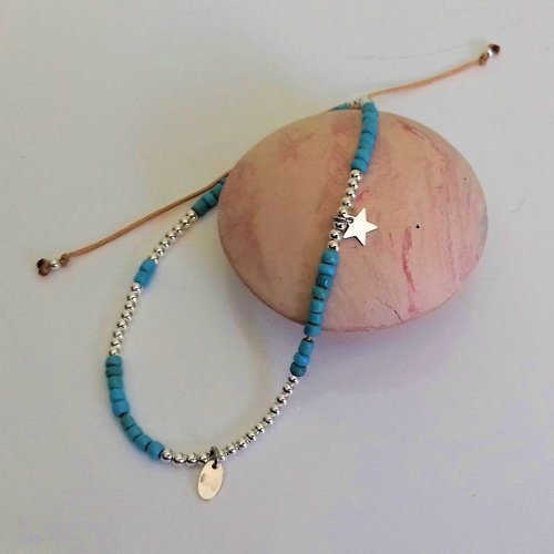 Bracelet cordon argent, étoile et perles turquoises
