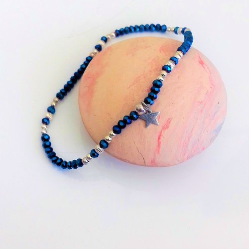 Bracelet bleu, étoile et perles argent élastique