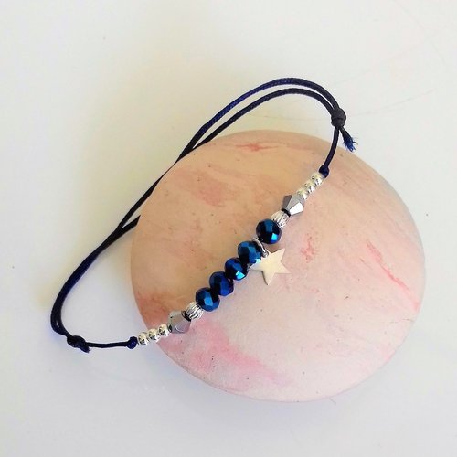 Bracelet cordon etoile argent  perles bleues