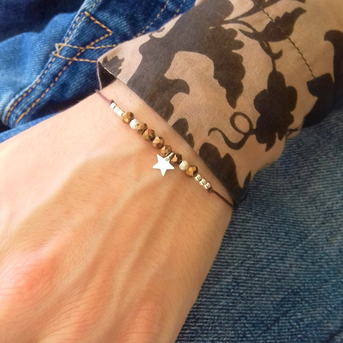 Bracelet cordon étoile argent et perles bronze