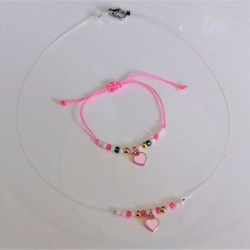 Ensemble petite fille collier bracelet coeur rose