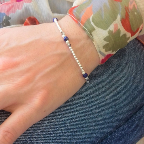 Bracelet lapis lazuli, perles argent et fermoir