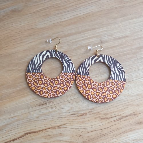 Boucles d'oreilles bois zèbre léopard