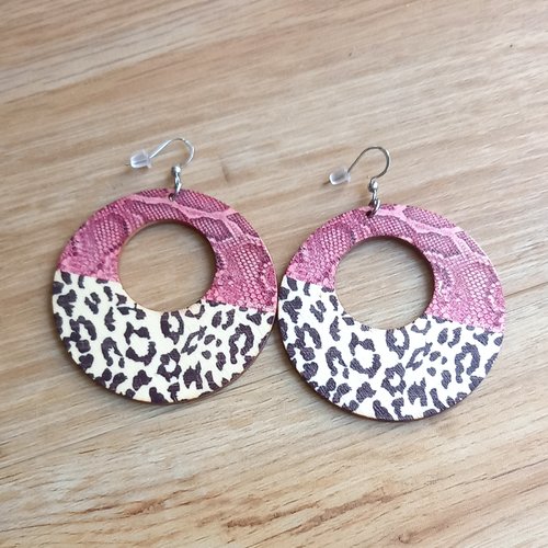 Boucles d'oreilles bois léopard rose