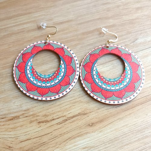 Boucles d'oreilles bois rouge, bleu