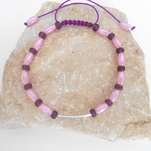 Bracelet coulissant cordon violet perles rose et perle prune