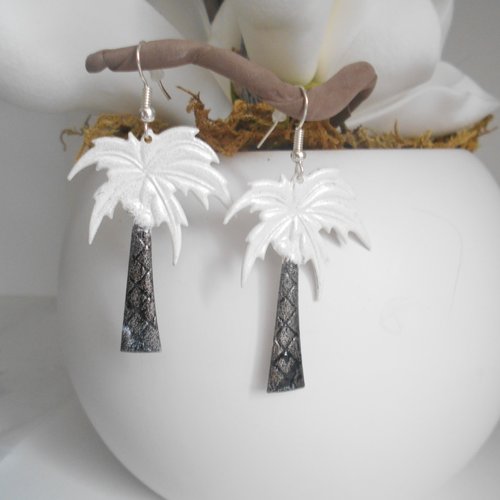 Boucles d'oreilles acier inoxydable palmier noir et blanc 50x30 mm