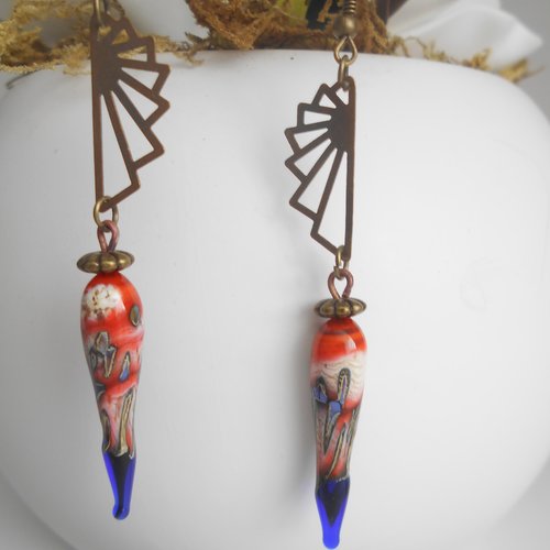 Boucle d'oreille lampwok tribal orange ivoire bleu création artisinale