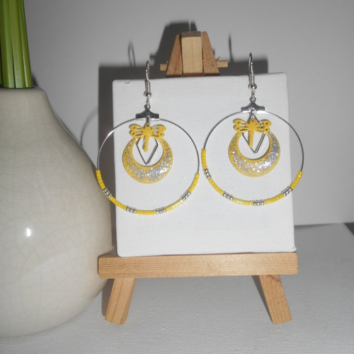 Boucles d'oreille fantaisie créole perle miyuki jaune