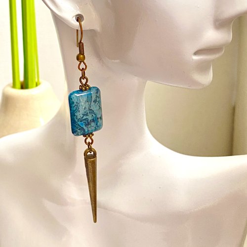 Boucles d’oreilles originales bleu et bronze