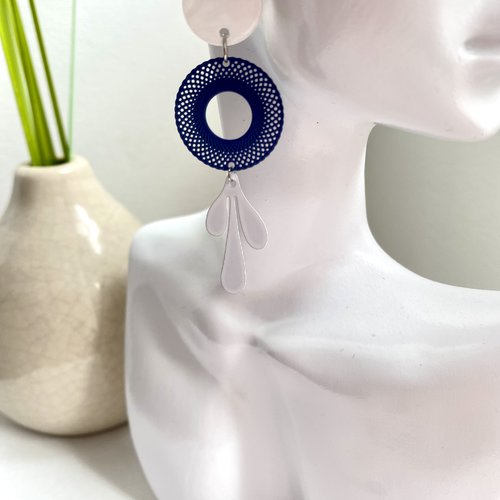 Boucles d’oreilles bleu et blanche, fantaisie,pendante