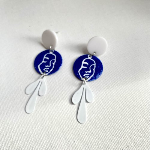Boucles d’oreilles visage bleu et blanche, fantaisie,pendante