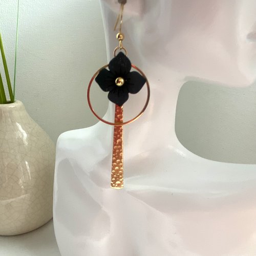 Boucles d’oreilles fleur noir et or, fantaisie,pendante