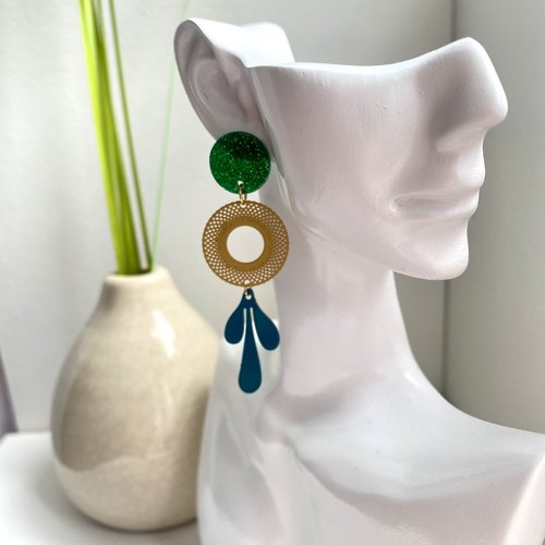 Boucles d’oreilles turquoise et or, fantaisie,pendante