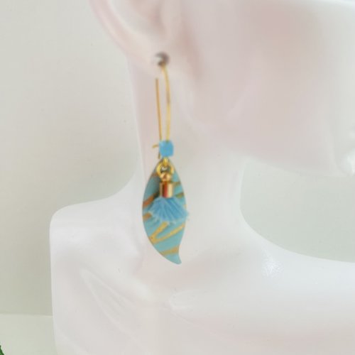 Boucles d'oreille turquoise et doré pompon