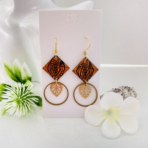 Boucles d'oreille pendante doré orange et noir