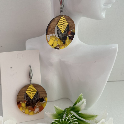 Boucles d'oreille pendante jaune et noir