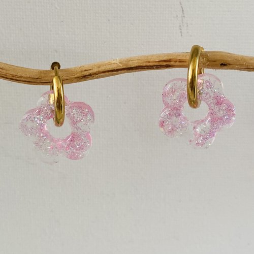 Boucles d’oreilles créole doré fleur rose