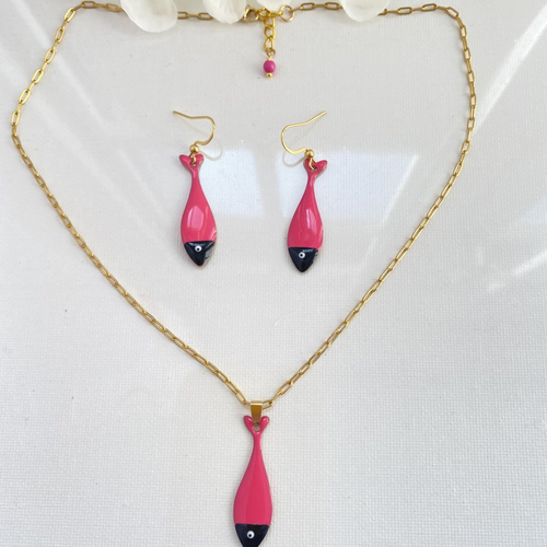 Collier chaine pendentif poisson avec boucles d'oreilles