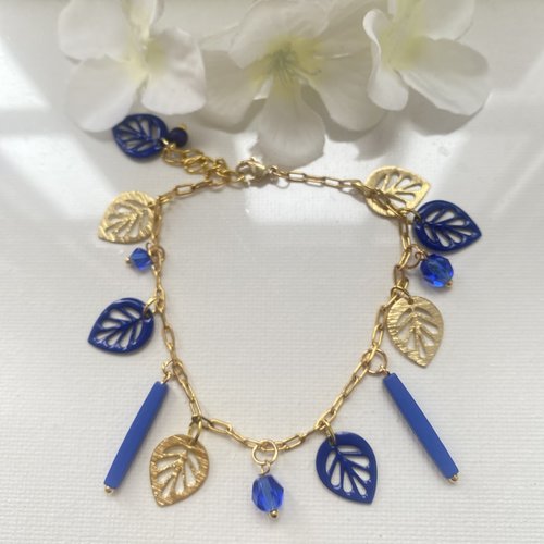 Bracelet fantaisie feuilles bleu foncé et doré