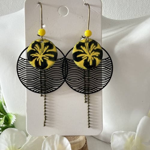 Boucles d'oreilles pendante, sequin orchidée jaune et noir