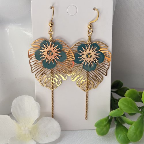 Boucles d'oreilles pendante, turquoise et doré