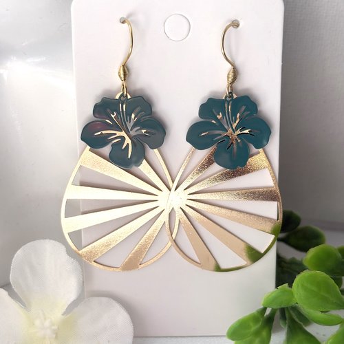 Boucles d'oreilles pendante, turquoise et doré