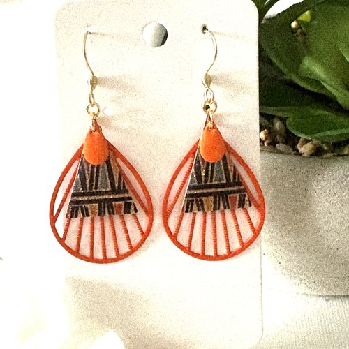 Boucles d'oreille pendante orange et doré
