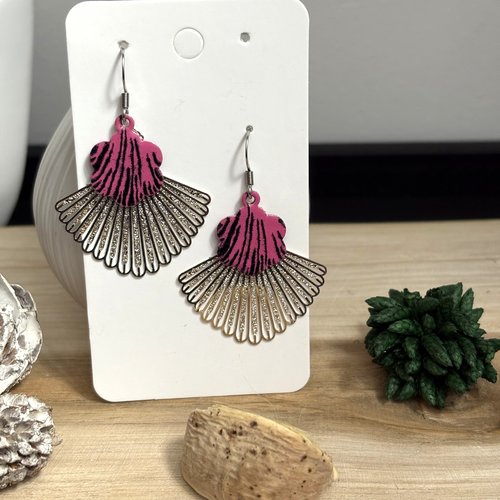 Boucles d'oreilles éventail sequin rose et noir