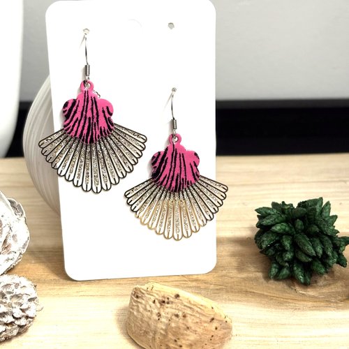 Boucles d'oreilles éventail sequin rose et noir