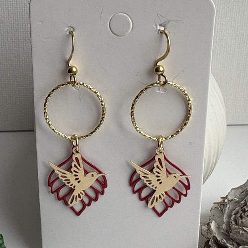 Boucles d'oreilles pendante rouge et doré