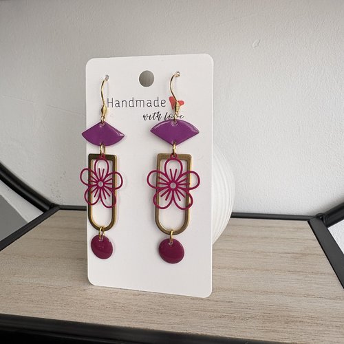 Boucles d'oreilles géométrique or et fuchsia