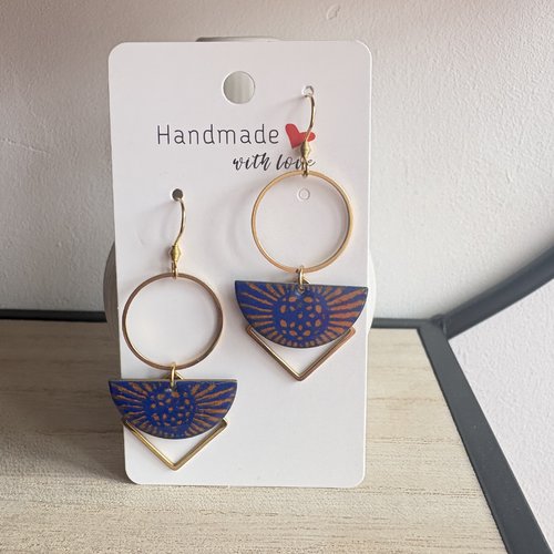 Boucle d'oreille doré sequin marine et cognac