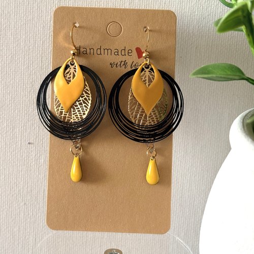 Boucles d’oreilles pendante,femme,fantaisie,noir et jaune,