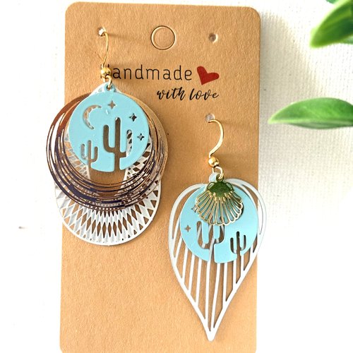 Boucles d’oreilles dépareillées,fantaisie,turquoise,femme idée cadeau