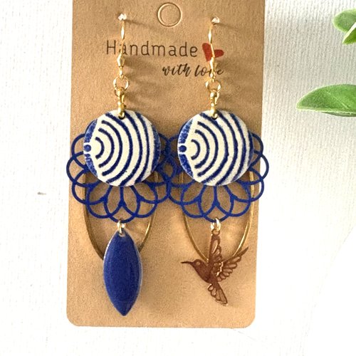 Boucles d'oreillles doré et bleu marine