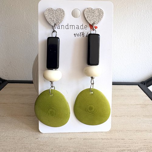Boucles d’oreilles pendante, femme tranche tagua végétal verte