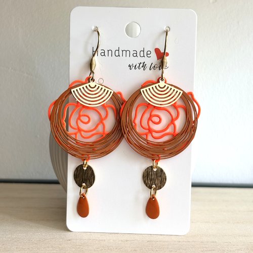 Boucles d'oreilles pendantes orange et doré, idée cadeau femme