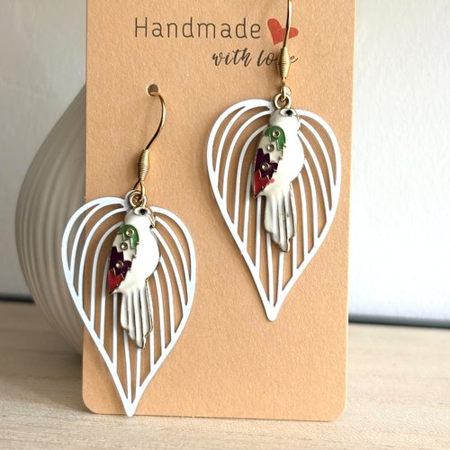 Boucle d'oreille perroquet blanc, bijoux fantaisie,idée cadeau femme